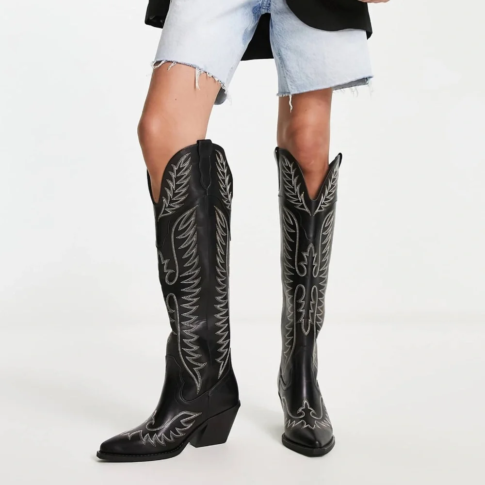 ASOS DESIGN / Chester contrast stitch western knee boot / black - Picture 3 of 17